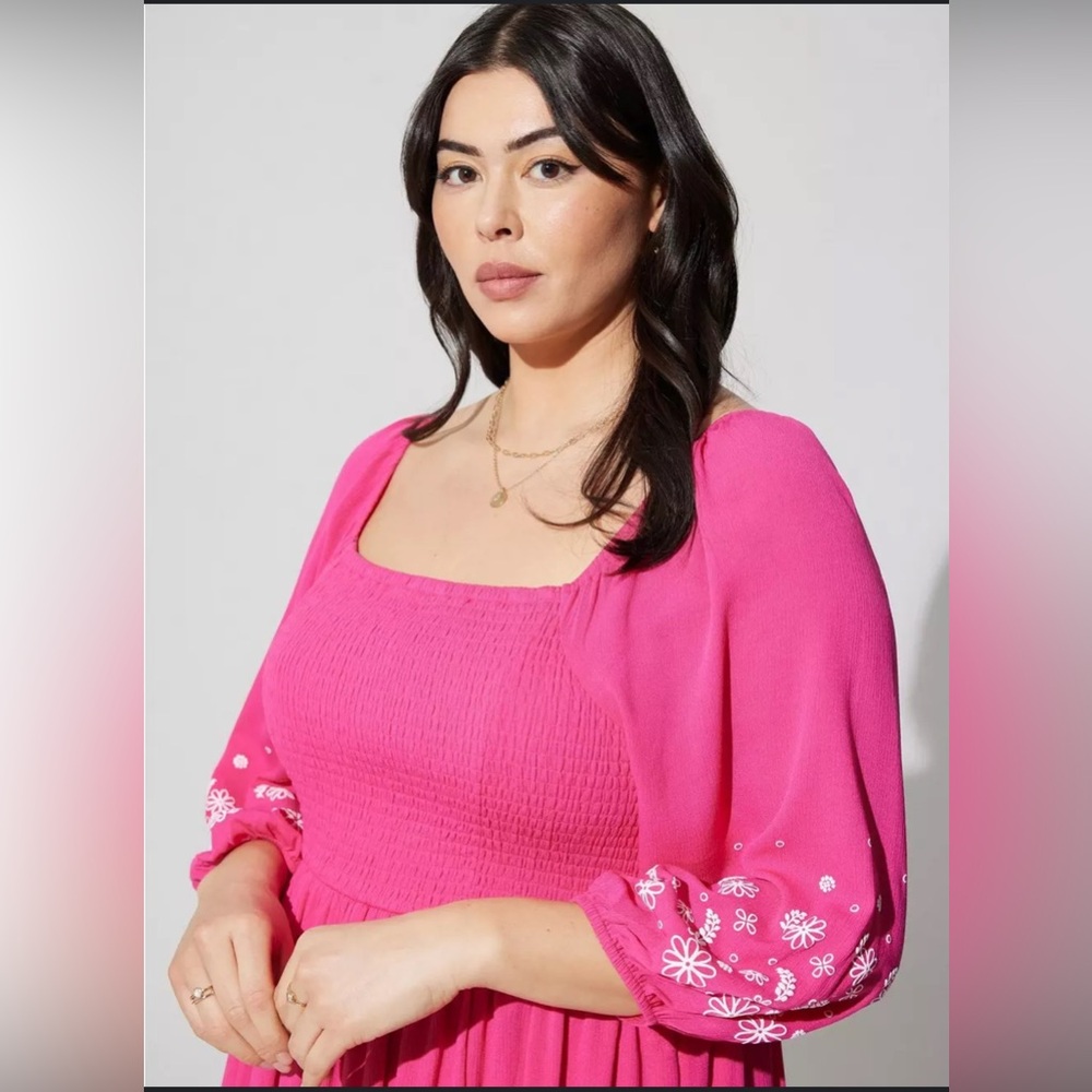 New Torrid Mini Crinkle Gauze Blouson Sleeve Dress in Cabaret Pink size 26 - Picture 3 of 11